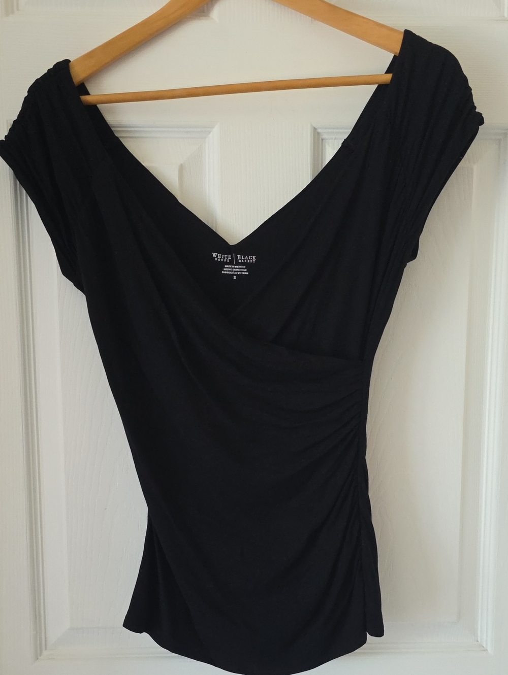White House Black Market Black Faux-Wrap Cap Sleeve Vneck Top Size S